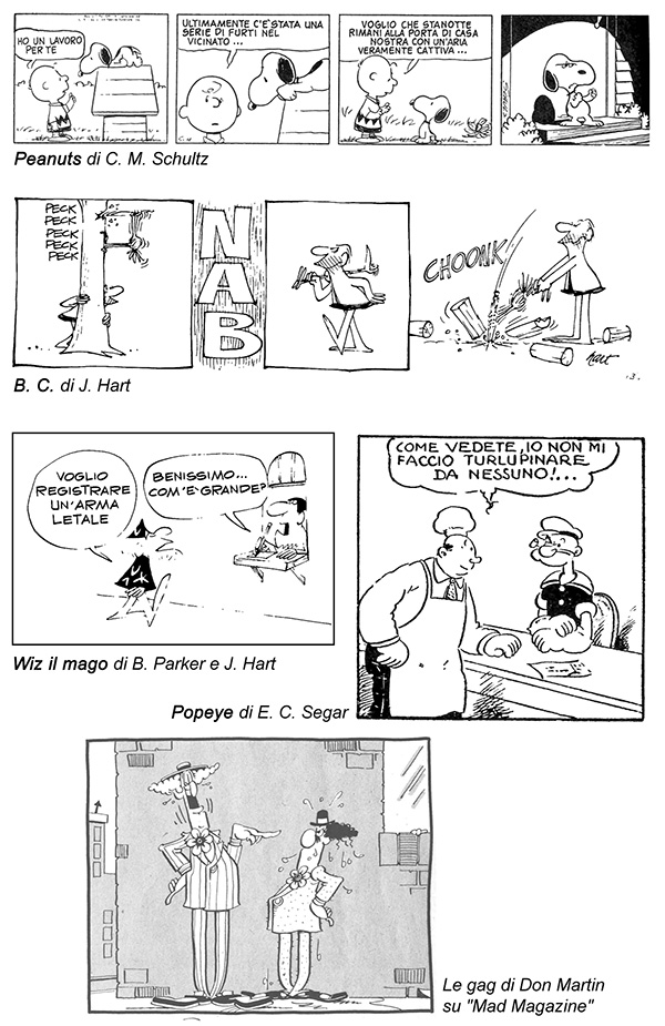 La scuola anglosassone: Peanuts di C.M. Schultz; B.C. di J. Hart; Wiz il mago di B. Parker e J. Hart; Popeye di E.C Segar; le gag di Don Martin su "Mad Magazine"