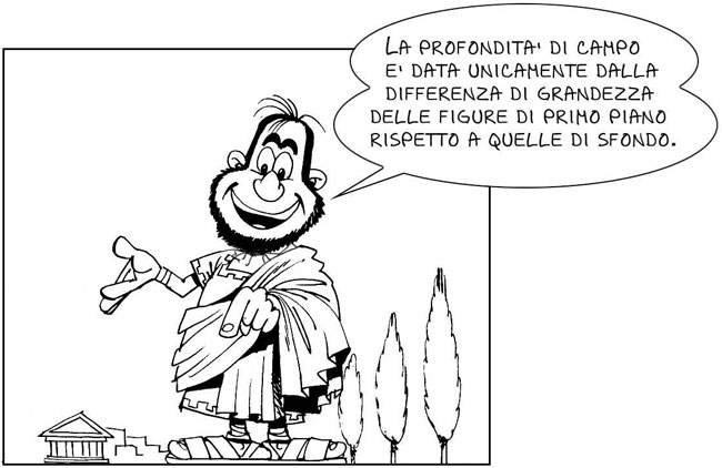 La profondità di campo è data unicamente dalla differenza di grandezza delle figure di primo piano rispetto a quelle di sfondo.